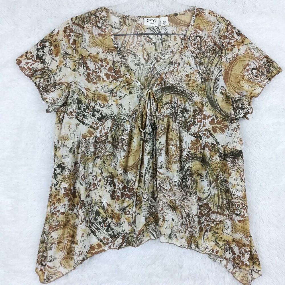 Cato Womens Blouse Flowy‎ Cap Sleeve V Neck Beige Brown Asymmetrical Plus 18/20W